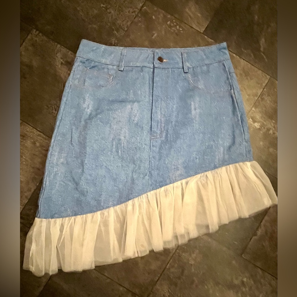 Like New! SHEIN X light blue denim skirt with an asymmetrical white ruffled hem